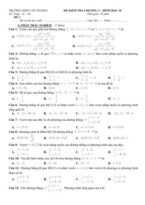 Đề kiểm tra Hình học 10 chương 3 trường THPT Cây Dương – Kiên Giang (bản Word)